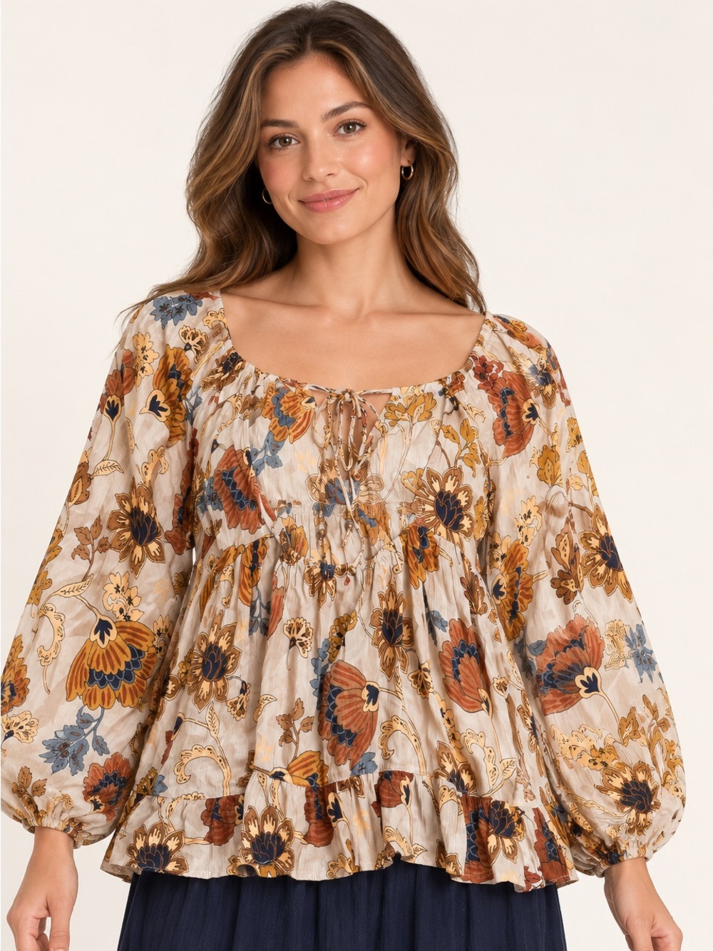 NWT Angie Boho Floral Peasant Top in Cream and Rust Fall Top Size L
